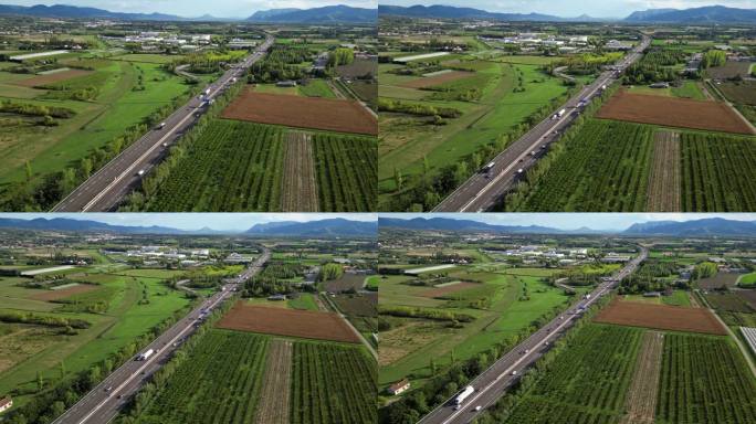 法国南部德罗姆地区阳光明媚的高速公路(Autoroute du Soleil A7)上的交通全景鸟瞰