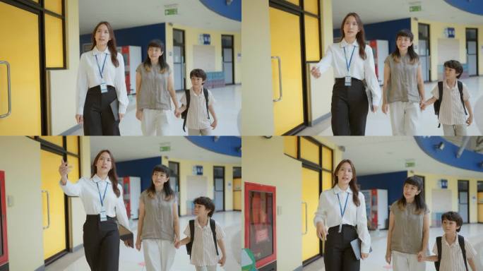 亚洲母子与著名国际学校的漂亮老师一起探索新学校