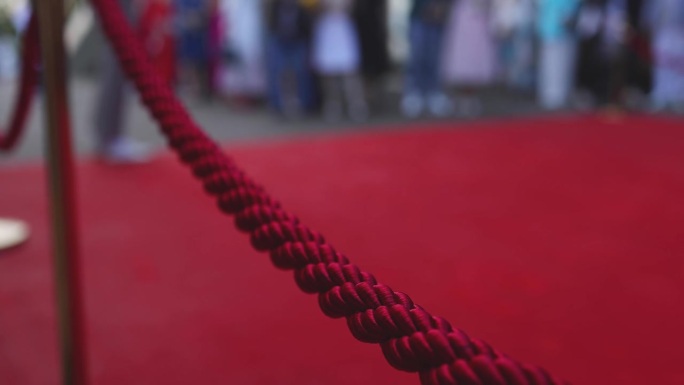 豪华派对入口用绳索和金色屏障围成的红地毯，电影院首映电影节活动颁奖盛典，有钱的贵客到来，户外装饰元素