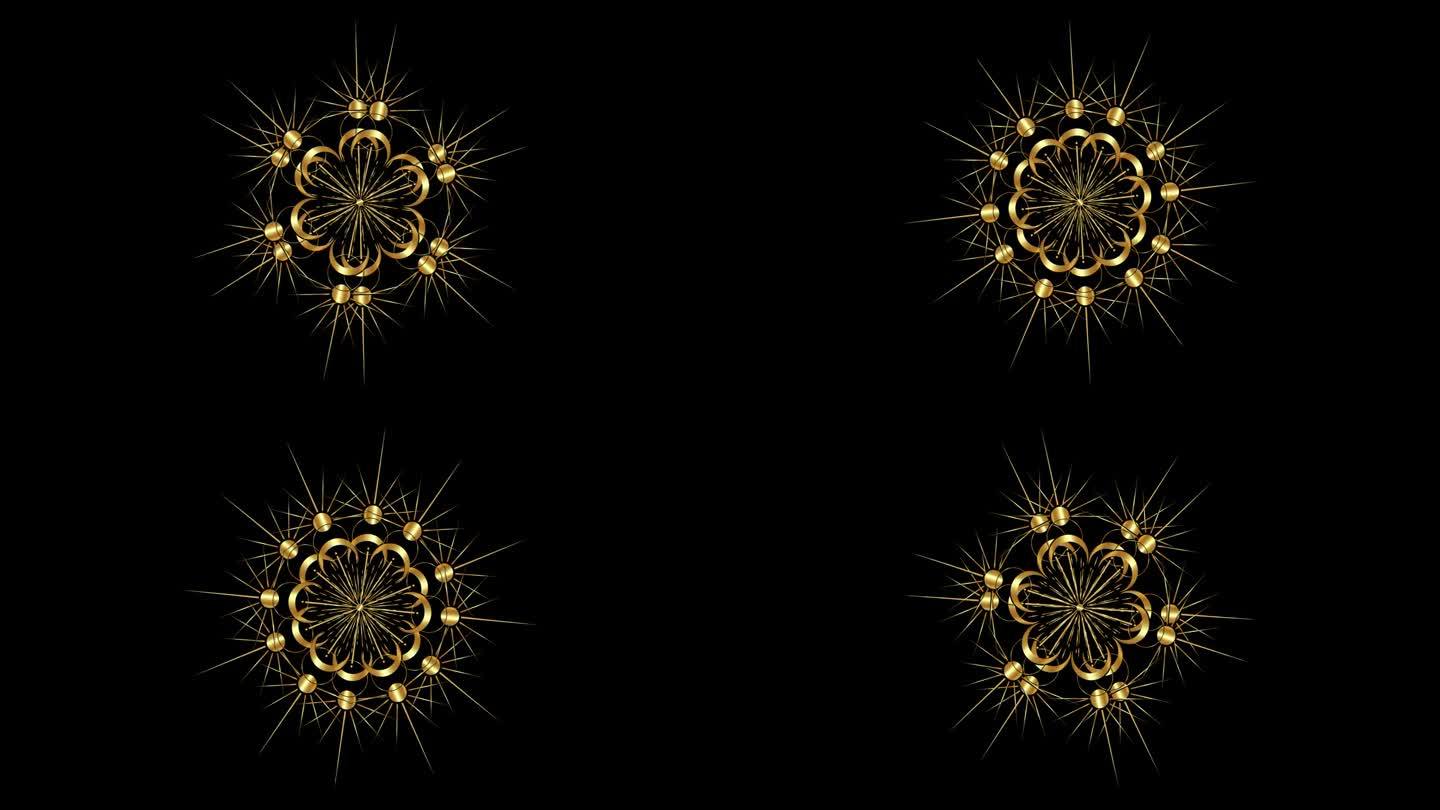 三维动画的花曼陀罗黄金月亮和太阳，神秘的巫术神圣几何。循环视频的金色魔法异教符号孤立的黑色背景