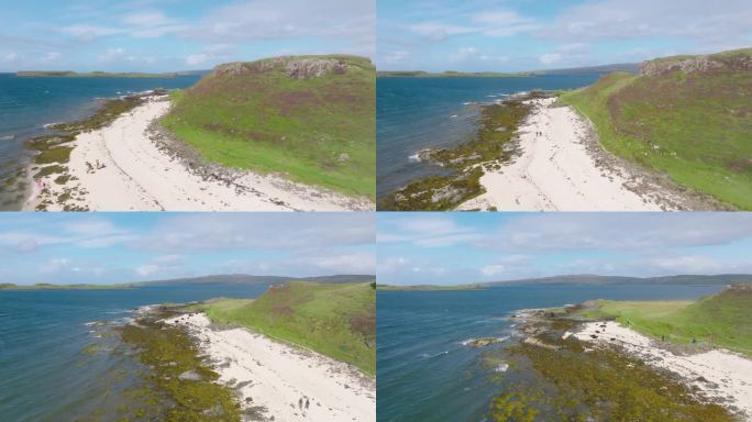 阳光明媚的一天，无人机拍摄的珊瑚海滩(苏格兰斯凯岛)