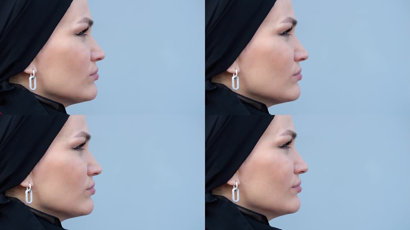 一名表情严肃的穆斯林妇女站在灰色的墙壁前