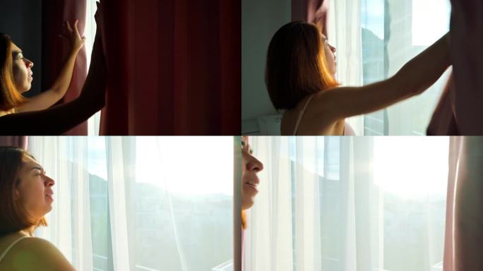 女人在家里拉开窗帘，新的一天开始概念。4k的慢动作视频