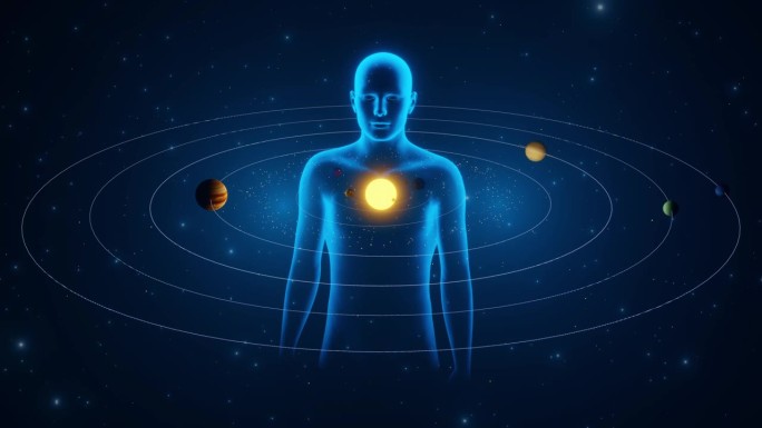 人类的胸膛里有太阳，太阳系的行星绕着恒星旋转，就像在宇宙飞船里一样
