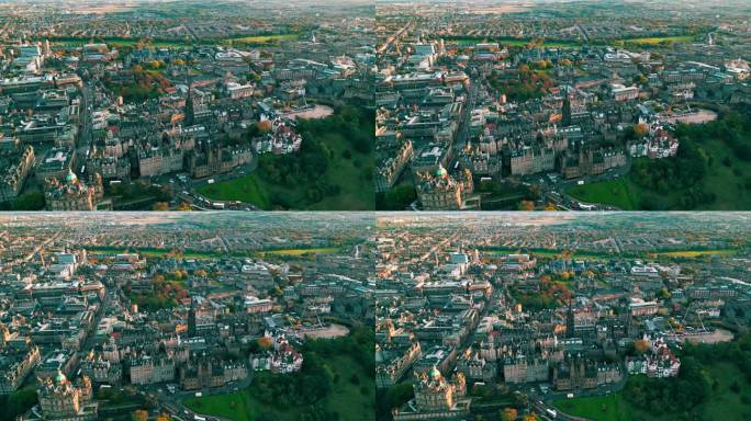 鸟瞰爱丁堡老城区的实时镜头，可以看到著名的地标议会厅和托尔布斯柯克