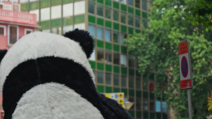 一个巨大的熊猫形象，一个头像映衬着城市的背景