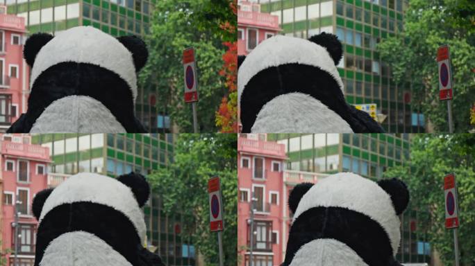 一个巨大的熊猫形象，一个头像映衬着城市的背景
