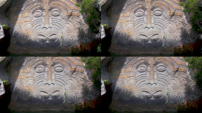 陶波湖上的新西兰毛利人石雕。缓慢放大的脸。