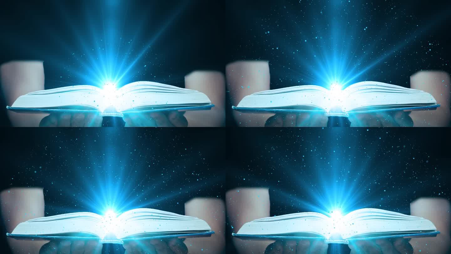 魔术书在魔术师的手我黑暗的背景与发光的光线。童话与魔幻知识观