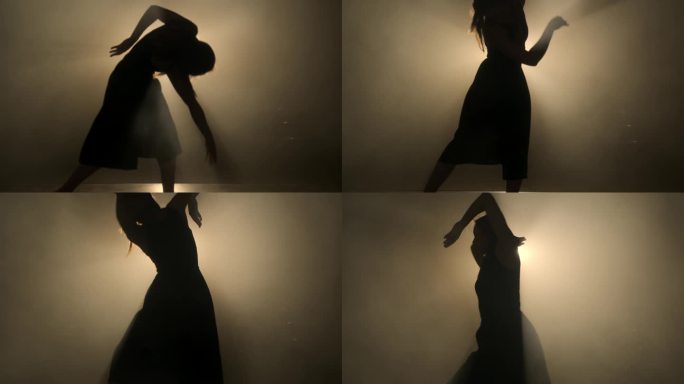 美丽的舞蹈背景慢动作，艺术4K概念。一个性感的女人的剪影在诱人的优雅动作。优雅的女性在摄影棚里跳舞，