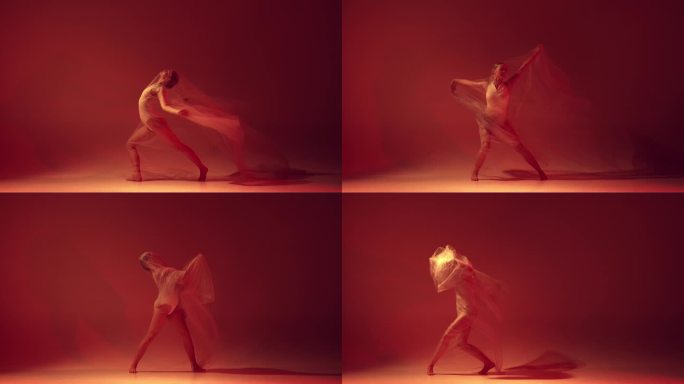 吸引力和性感。年轻的女孩，专业的芭蕾舞演员，在霓虹灯的红色工作室背景下，用透明的织物跳舞