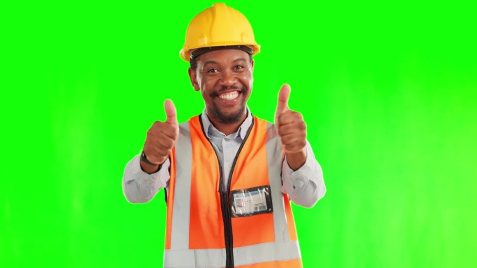 黑人，建筑师，在绿屏上为成功竖起大拇指，或在工作室背景下获胜。非洲男性的肖像，工程师或承包商，加上喜