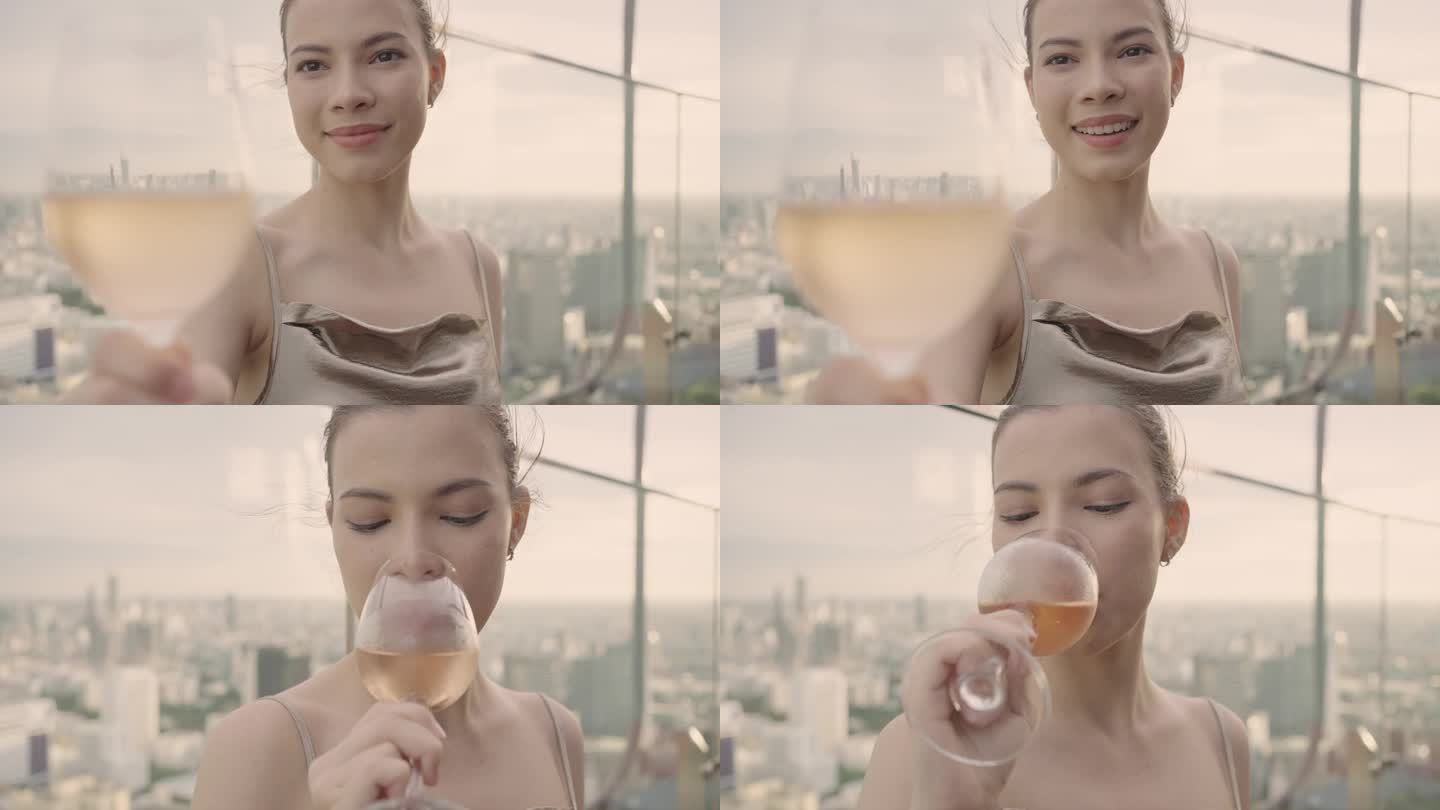 身穿金色连衣裙的优雅年轻女子在城市豪华酒店的屋顶酒吧喝着粉红色的葡萄酒。