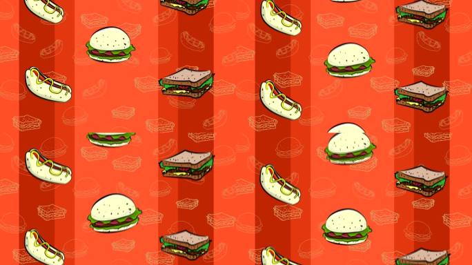 动画视频以卡通风格的热狗、汉堡包和三明治落在屏幕上，送餐。