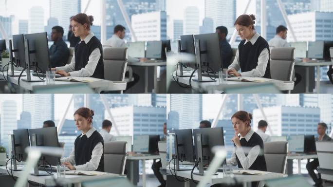 快乐的女客户经理在不同公司办公室的台式电脑上打字，拥有大都市的窗口视图。专业白人女性为咨询公司做笔记