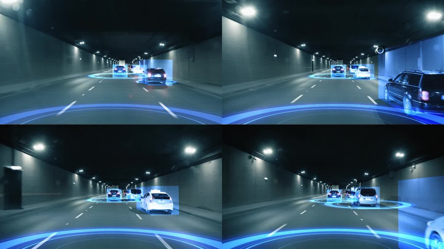 里面是一辆移动的自动驾驶汽车，带有HUD元素，行驶在隧道中，用传感器扫描周围的汽车和道路。未来智能交
