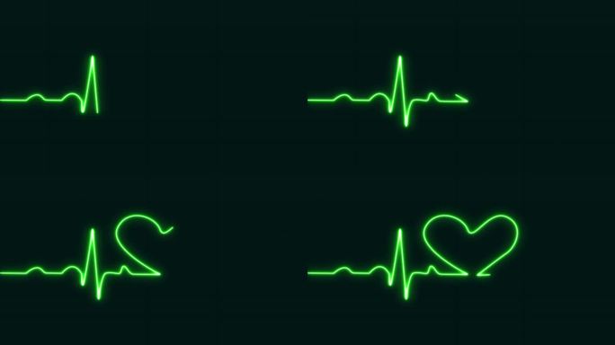 脉冲率线发光绿色爱形霓虹灯环动画蓝色网格背景。心电图60 BPM循环屏幕，蓝色带网格。心率监测器。医