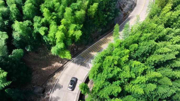行驶在山林树林竹林的轿车4K航拍