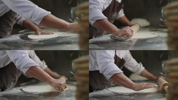 厨师在准备披萨特写展示升格慢动作做菜做饭