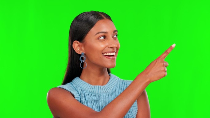绿屏，指向和印度妇女的脸，模型空间和广告公告在工作室。快乐肖像，女模特和是的审查，报名促销和好消息的