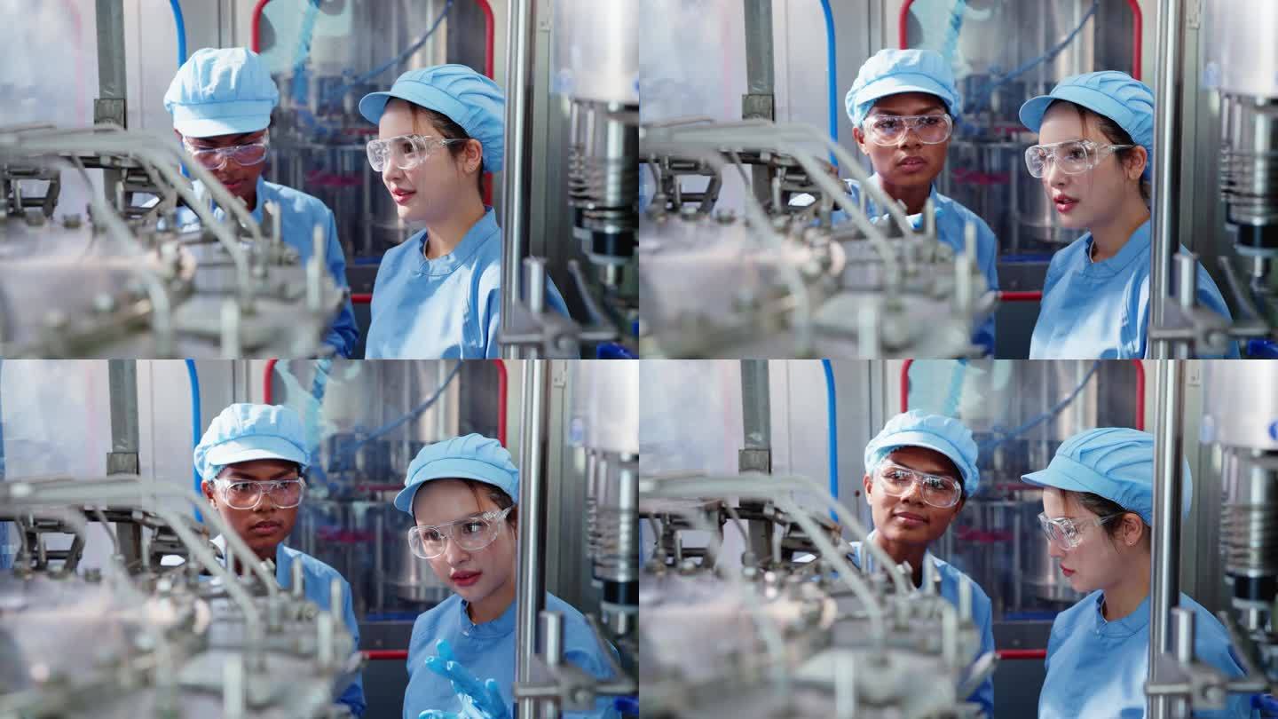 现代科技、团队合作和纯洁的协同作用。发现透明的过程和自动化的精度与水装瓶厂。