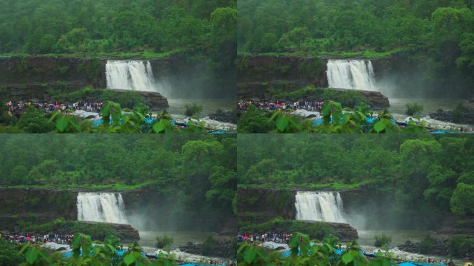 在通往印度古吉拉特邦萨普塔拉山站的路上，从瓦格海悬崖上的吉拉瀑布倾泻而下的慢镜头。印度季风季节的萨亚