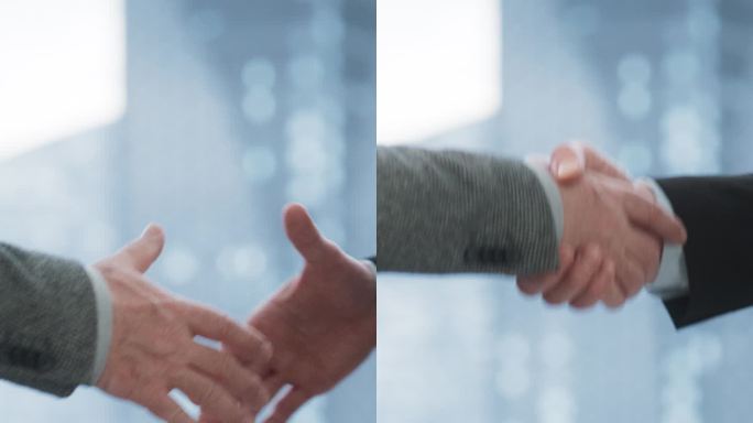 垂直屏幕:商业伙伴在办公室达成有利可图的交易后握手。首席执行官和投资经理握手谈有利可图的金融机会。慢