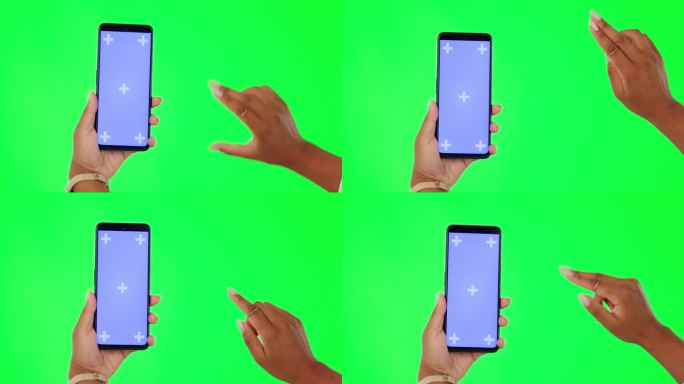 一个女人，手和手机在绿色屏幕上浏览社交媒体，背景是一个工作室。女性触摸手机显示屏、模型或UI、UX或