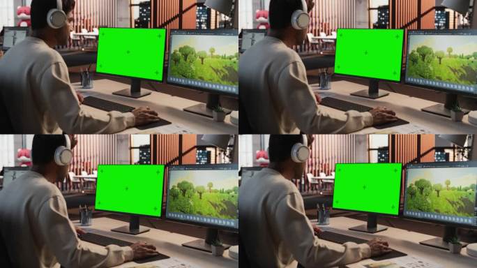 印度男性游戏设计师使用带有绿屏Chromakey的桌面电脑，在RPG视频游戏的3D建模软件中设计沉浸