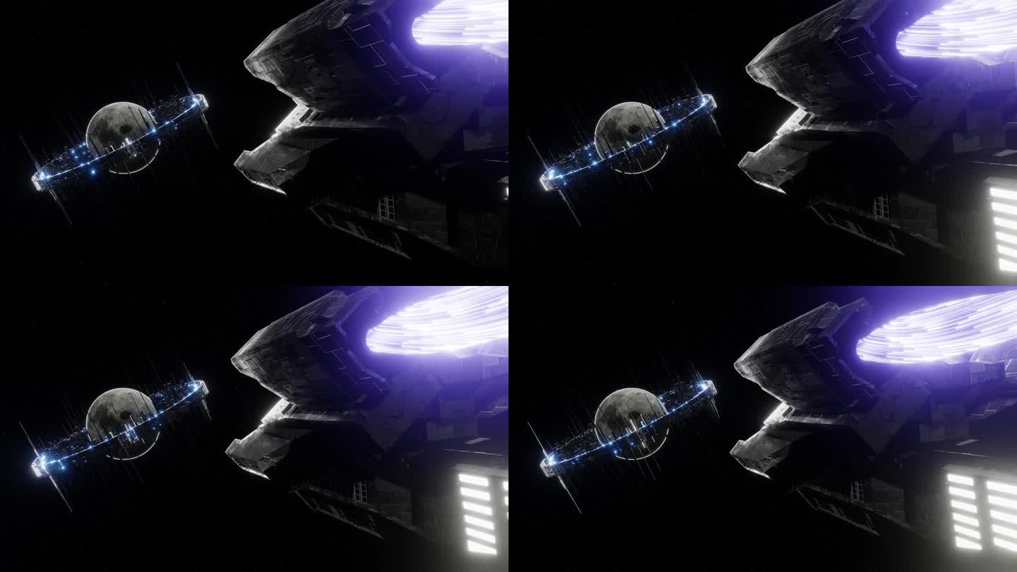 三维动画的大型航天器飞向未来的卫星环围绕灰色的月亮在太空
