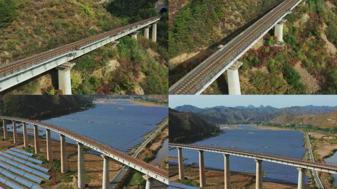 山区高架铁路桥与大面积太阳能发电
