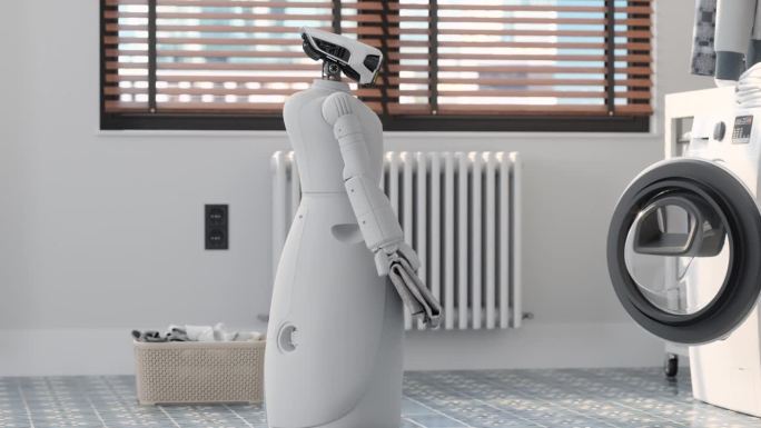 机器人助手在洗衣房折叠干净衣物的特写