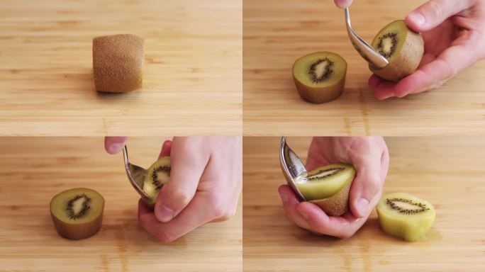 用刀切猕猴桃，用勺子去皮的特写。