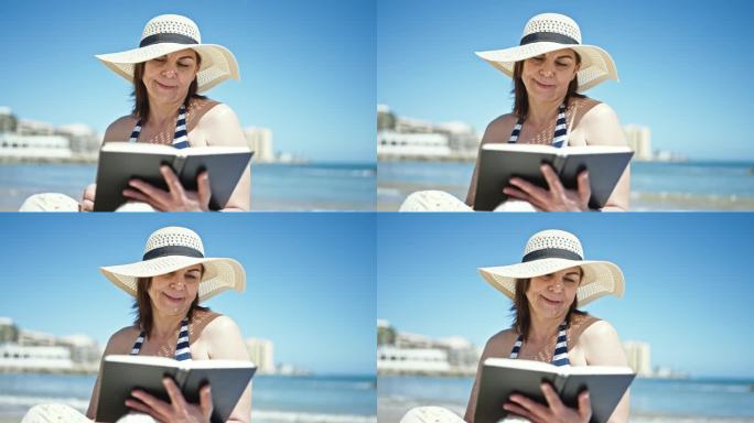 中年西班牙女游客晒日光浴，坐在沙滩上看书