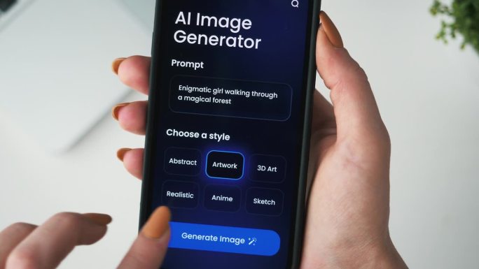 使用在线人工智能工具从文本描述生成图像。智能手机应用程序上的文本提示生成艺术。