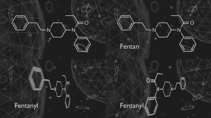 阿片类镇痛药物芬太尼分子。骨骼的公式。