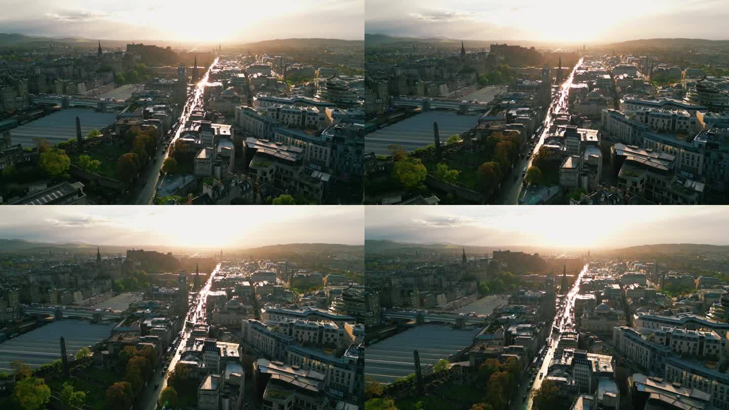 鸟瞰公主街上方的实时镜头，可以看到爱丁堡斯科特纪念碑和新镇的韦弗利站
