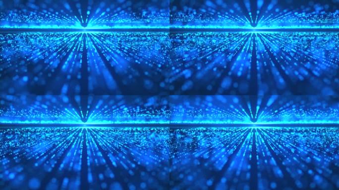 蓝光和闪亮的粒子无缝移动。无尽的光照耀着镜子隧道。高科技线条和数字粒子与散景效果。技术、创新、人工智