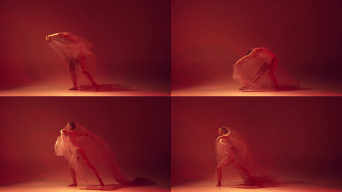 性感，温柔的年轻女孩，芭蕾舞演员在霓虹灯下，用透明的织物在红色的工作室背景下跳舞。