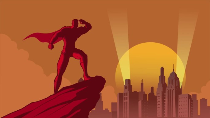 循环卡通超级英雄剪影看着远处的艺术装饰城动画股票视频