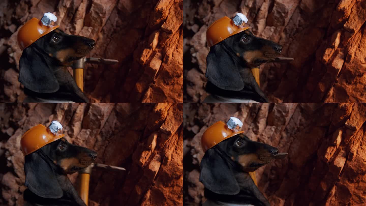狗带镐在头盔和灯笼在洞穴地下旅游，登山