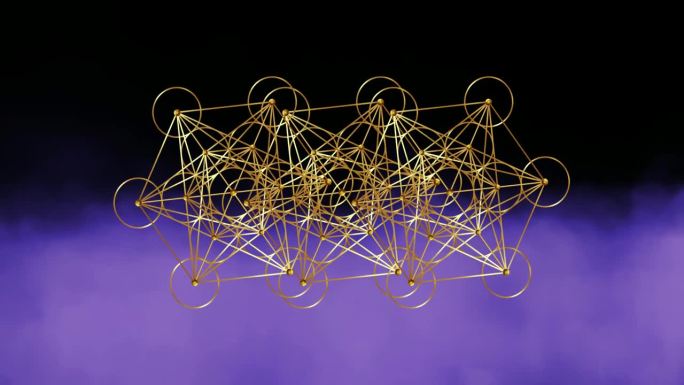 视频动画三重梅塔特隆立方体，生命之花。金色神圣几何，紫色图形雾烟黑色背景。神秘的金色图标柏拉图的固体