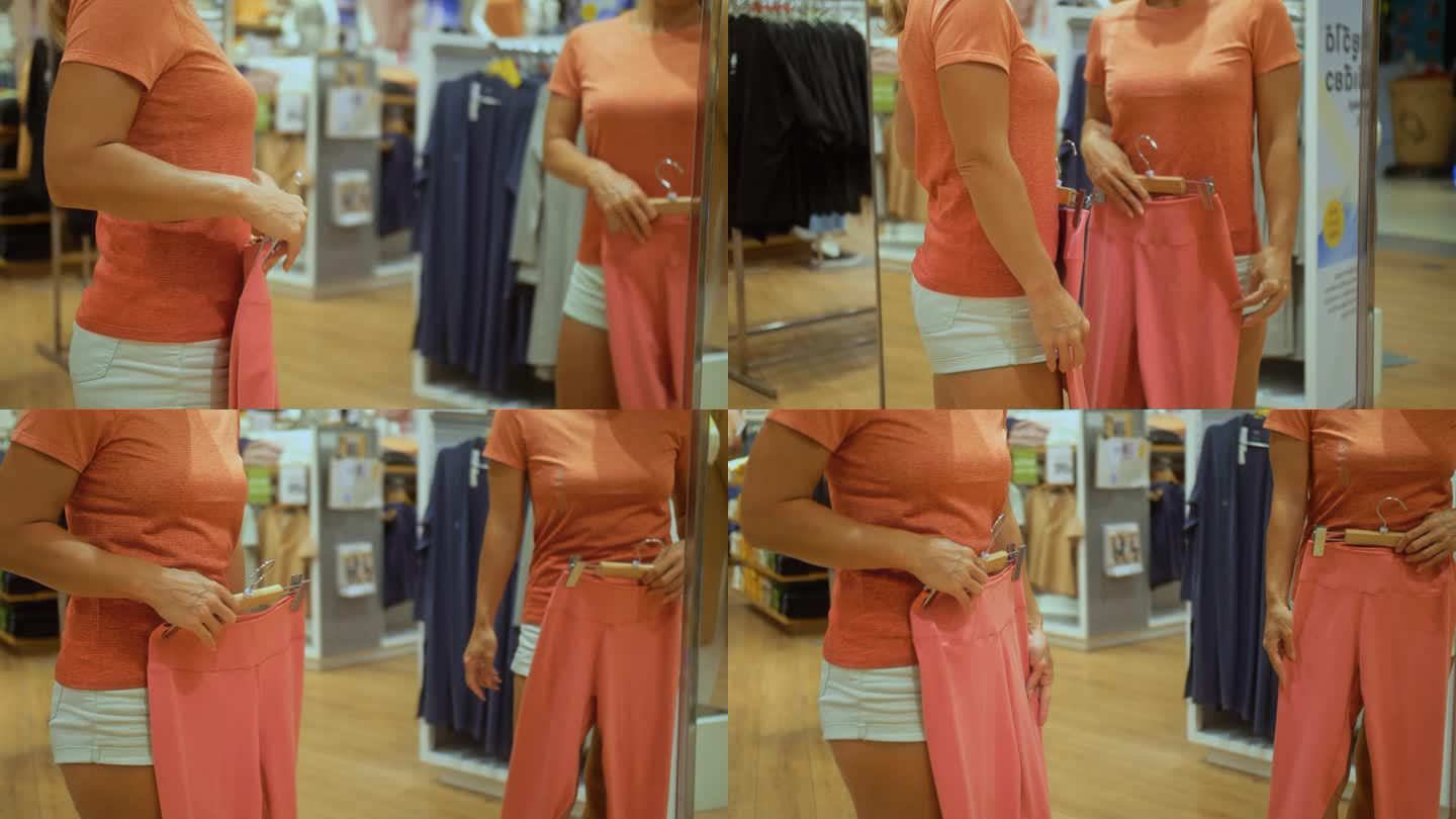 女顾客正在寻找并购买橙色的运动服。时尚女孩照镜子，在现代购物中心的百货商店试穿衣服。快乐的购物女孩在