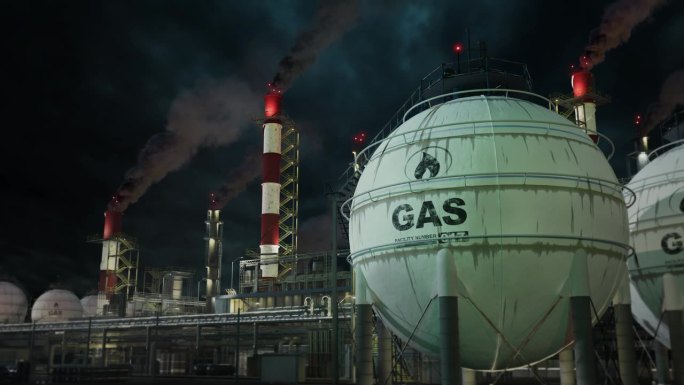 液化天然气-液化天然气大规模工业储存在夜间，虚构的循环视频