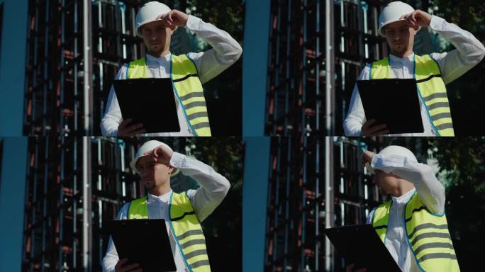 一名身穿防护服的工程师站在外面，在平板电脑的电源线上记录数据，并分析系统的运行情况。建筑工人,建筑师