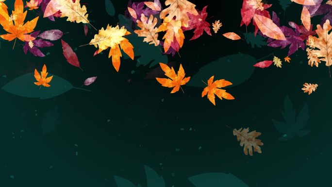 秋天的背景画了秋天的黄叶和红叶旋转和落下。绿色圆形抽象背景。