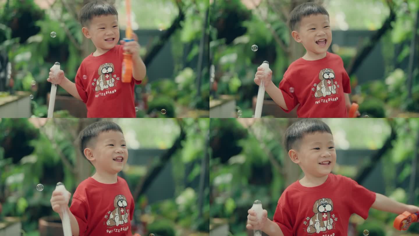 可爱的亚洲小男孩在户外泡泡游戏中快乐:天真的快乐和微笑的笑声