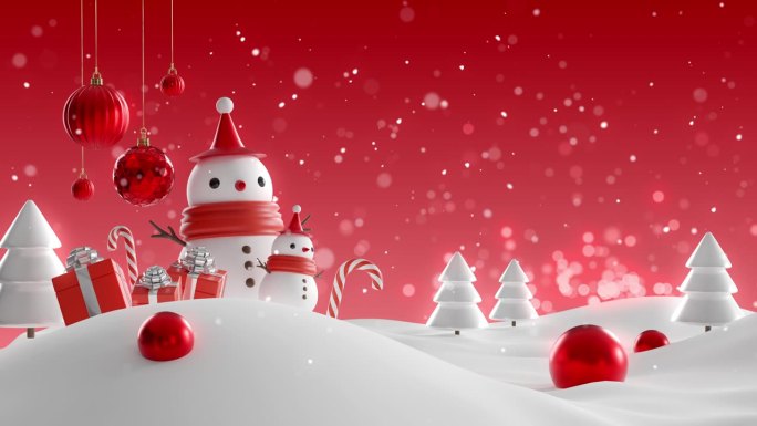 可爱的雪人与红色圣诞球在散景雪背景
