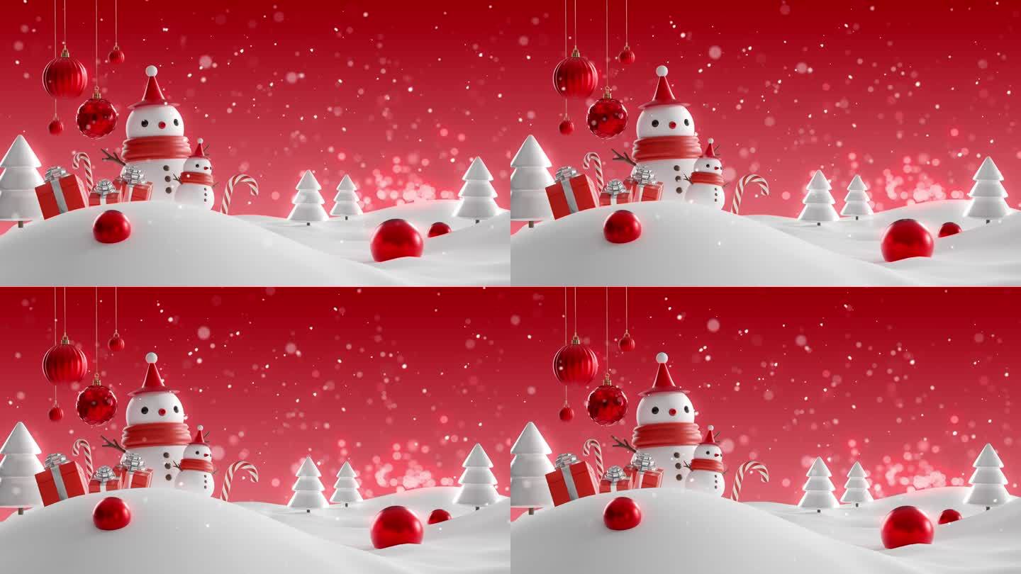 可爱的雪人与红色圣诞球在散景雪背景