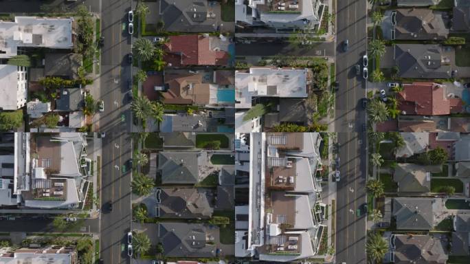 市区沿街建筑物的自顶向下平移镜头。道路两旁种满了热带棕榈树。